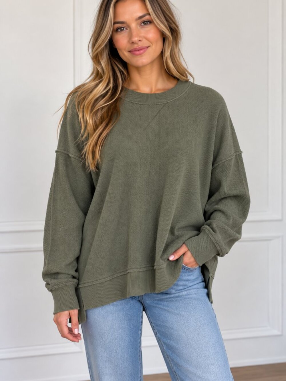 aerie Olive Green Crewneck Waffle Knit Pullover